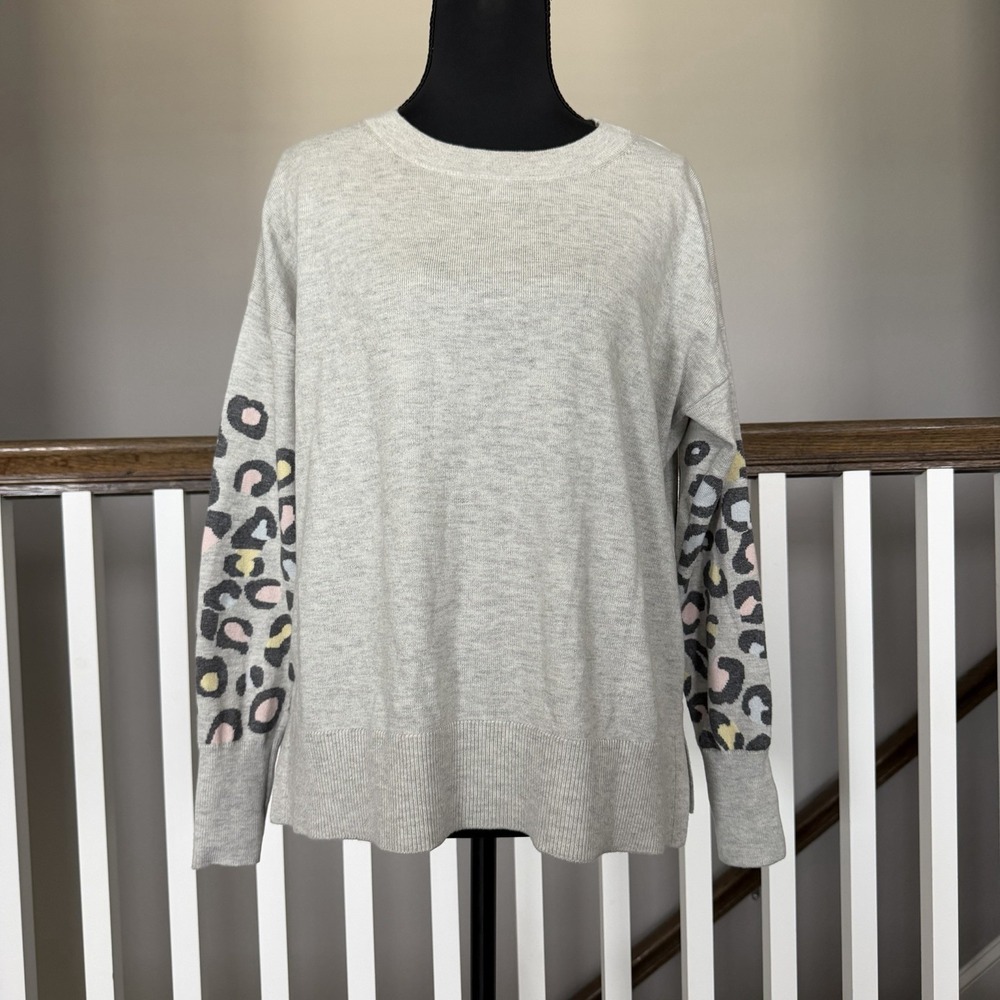 Pure Collection Gray Slouchy Sweater Sz 4 Cotton Wool Leopard Quiet Luxury
